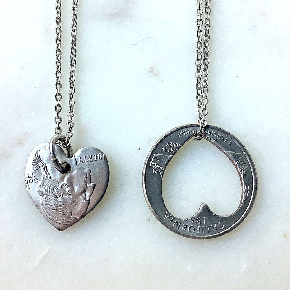 Double Heart Necklaces Hand Cut US Quarter Two Halves of Whole - 2 Necklace Set